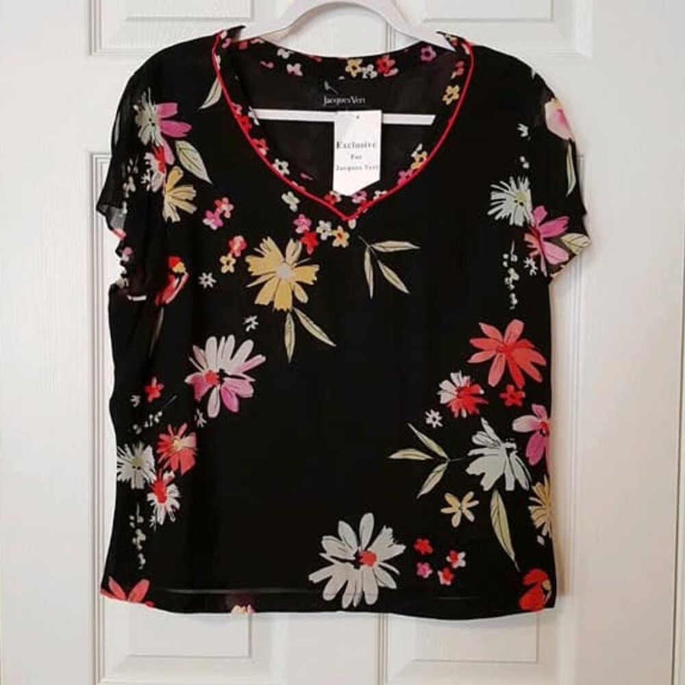 NWT Jacques Vert Women's Double Layer Floral Top ~ Size XL (18) ~ Black ~
